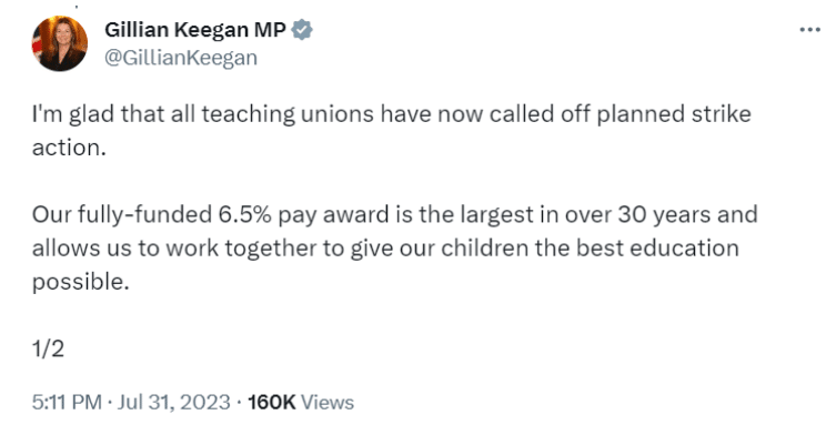 Tweet from Secretary of State Gillian Keegan saying that the new teaching pay award is fully-funded.